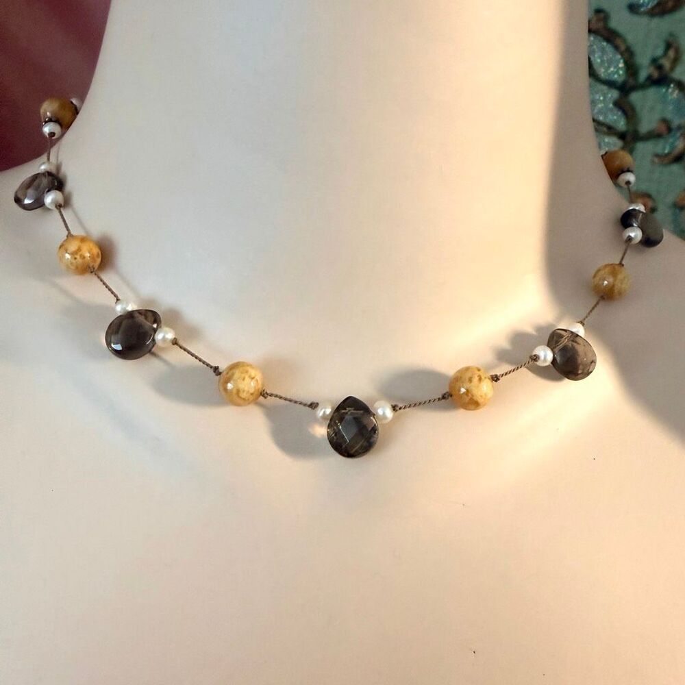 Smoky Quartz Freshwater Pearl Sterling Silver Knotted Necklace